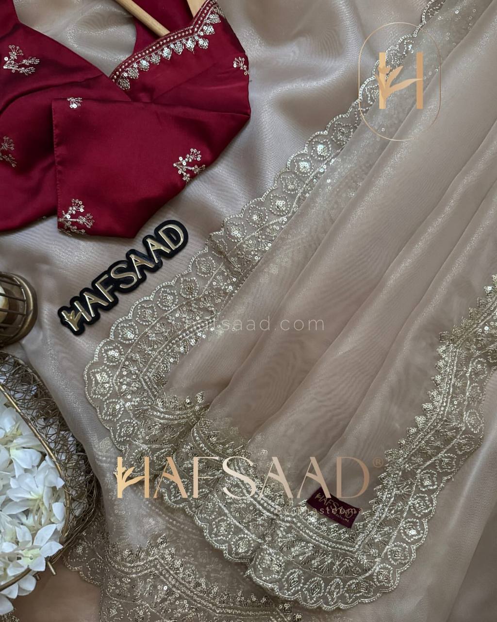 Luxurious Ivory Organza Dupatta with Heavy Golden Sequin & Zari Cutwork Border – Perfect for Weddings & Festive Layering - Image 9
